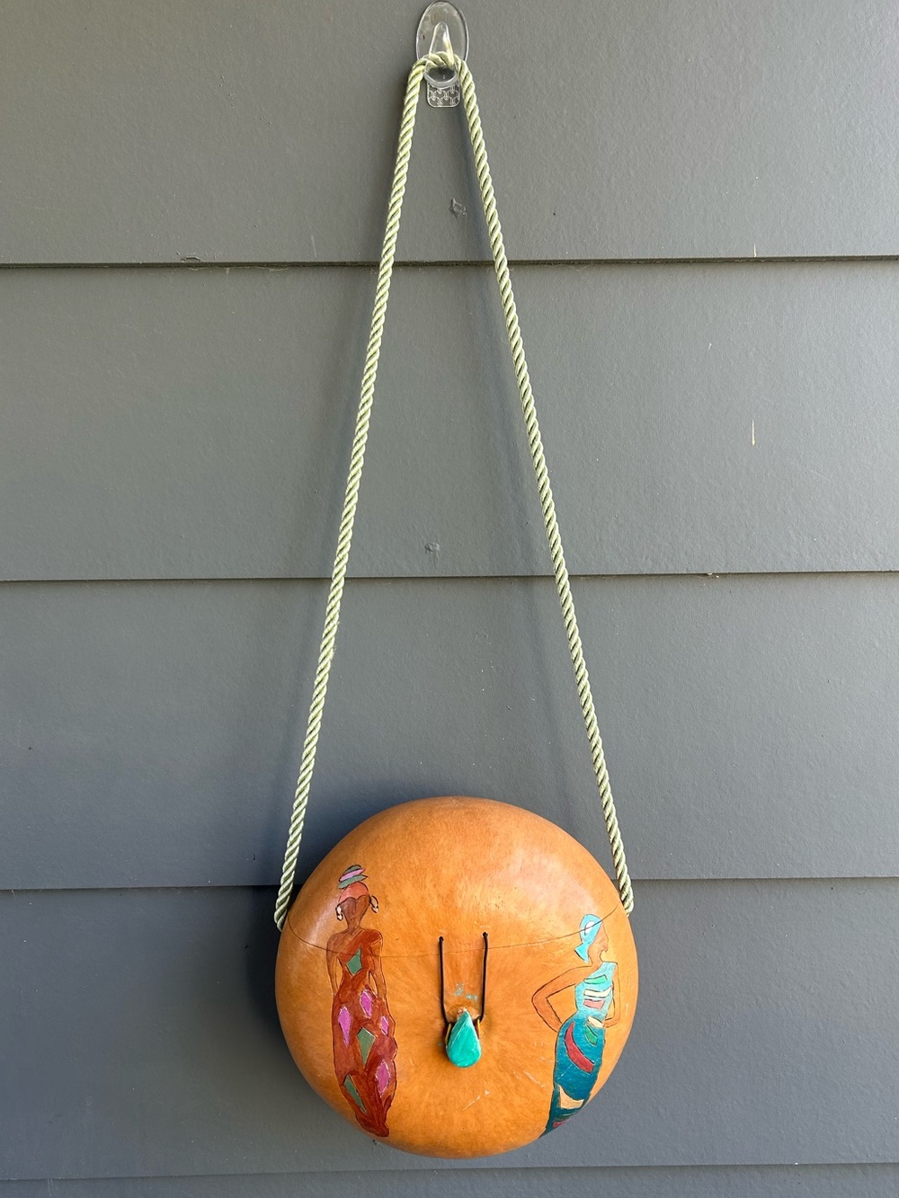 Vintage Hand Made Gourd Shoulder Bag Purse Carved Metallic Art Purple Interior
